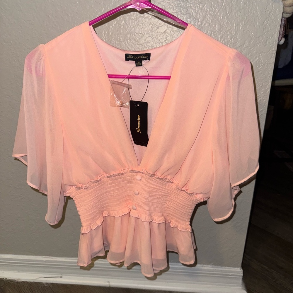 SHEIN Pink Flutter Sleeve Peplum Blouse